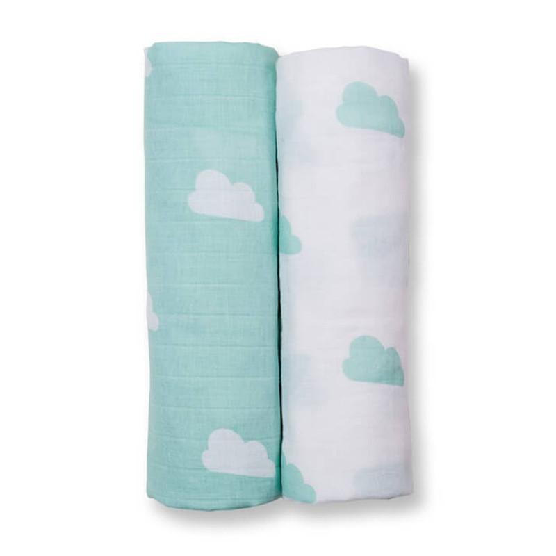 Lulujo Cotton Swaddling Blanket Modern Me 2pk - Aqua Clouds - CanaBee Baby