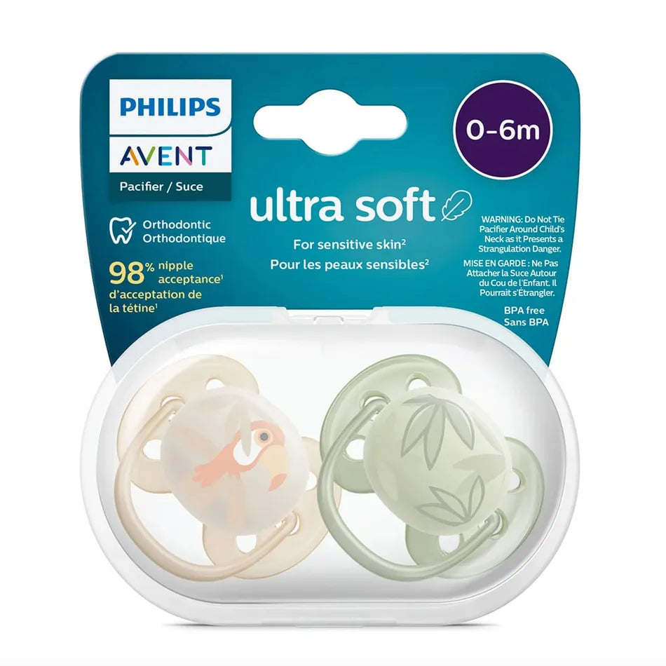 Avent Ultra Soft Pacifier 2PK 0-6M - Toucan+Leaves