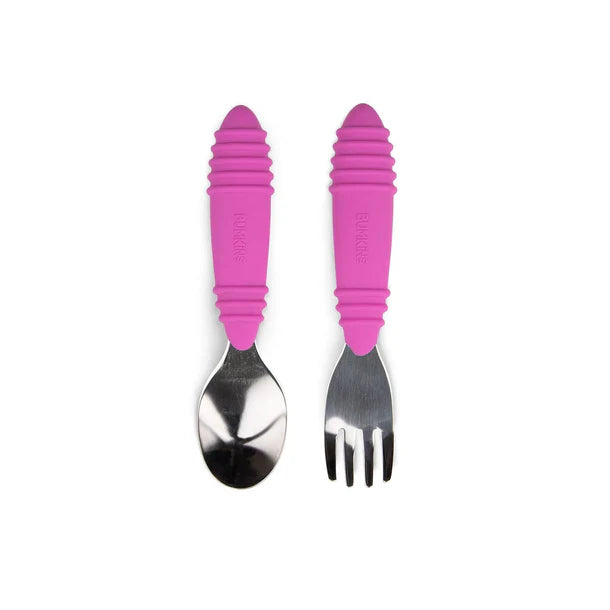 Bumkins Stainless Steel Spoon + Fork Fuchsia