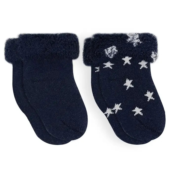 Kushies Sock Terry Navy Soild /Stars 0-3m 2pk