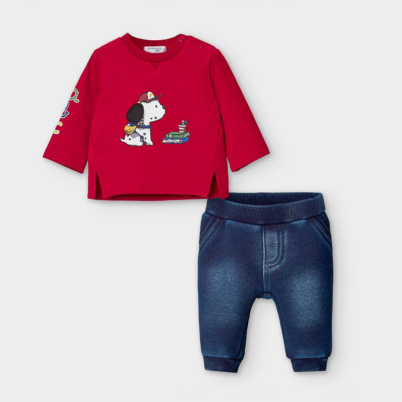 Mayoral Baby Sweatshirt and Denim Trousers set -  Rojo Red 2572