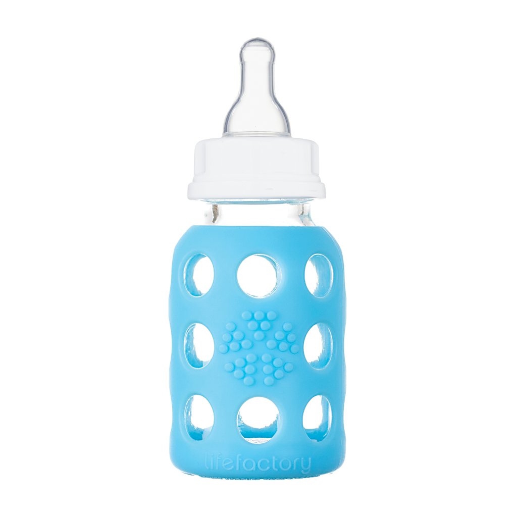 LifeFactory Glass Baby Bottle with Silicone Sleeve 4oz-Sky Blue
