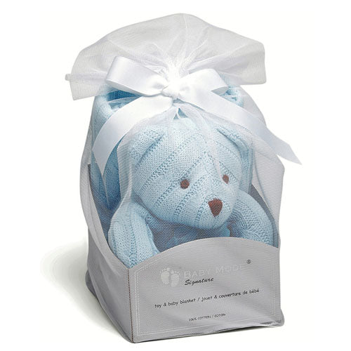 Baby Mode Signature 3 Stories Trading Cable Knit Bear With Baby Blanket Gift Set - Blue