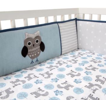 Lambs & Ivy Stay Wild Blue/Gray Woodland Owl & Fox 4-Piece Baby Crib Bumper 710002B