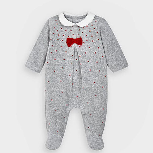 Mayoral Baby Velour Onesies Pajama Grey - Red Bow Dots 2752