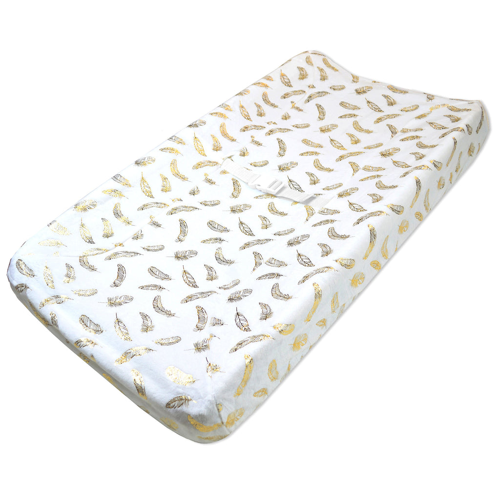 Heavenly Soft Chenille Changing Pad Cover - White/Gold Feather