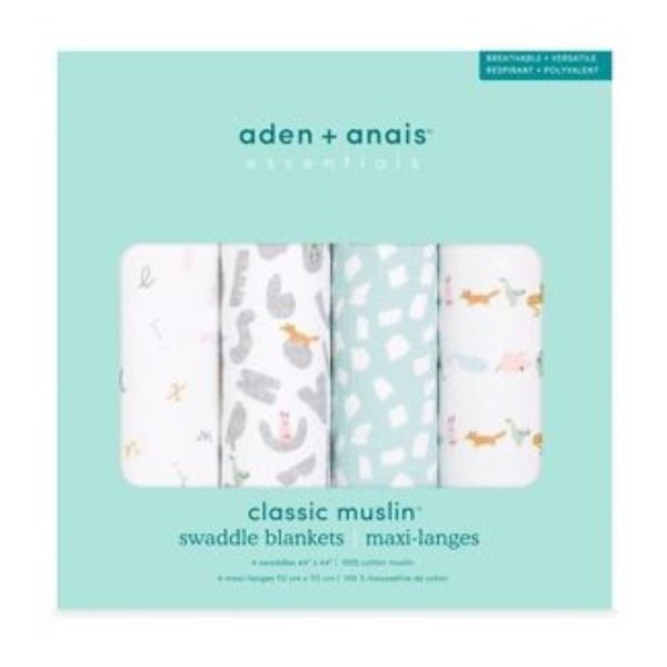 Aden+Anais Essentials Cotton Muslin Swaddle 4pk - Alphabet Animals