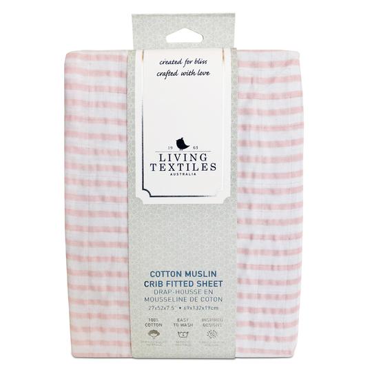 Living Muslin Crib Fitted Sheet PInk Stripes 101189