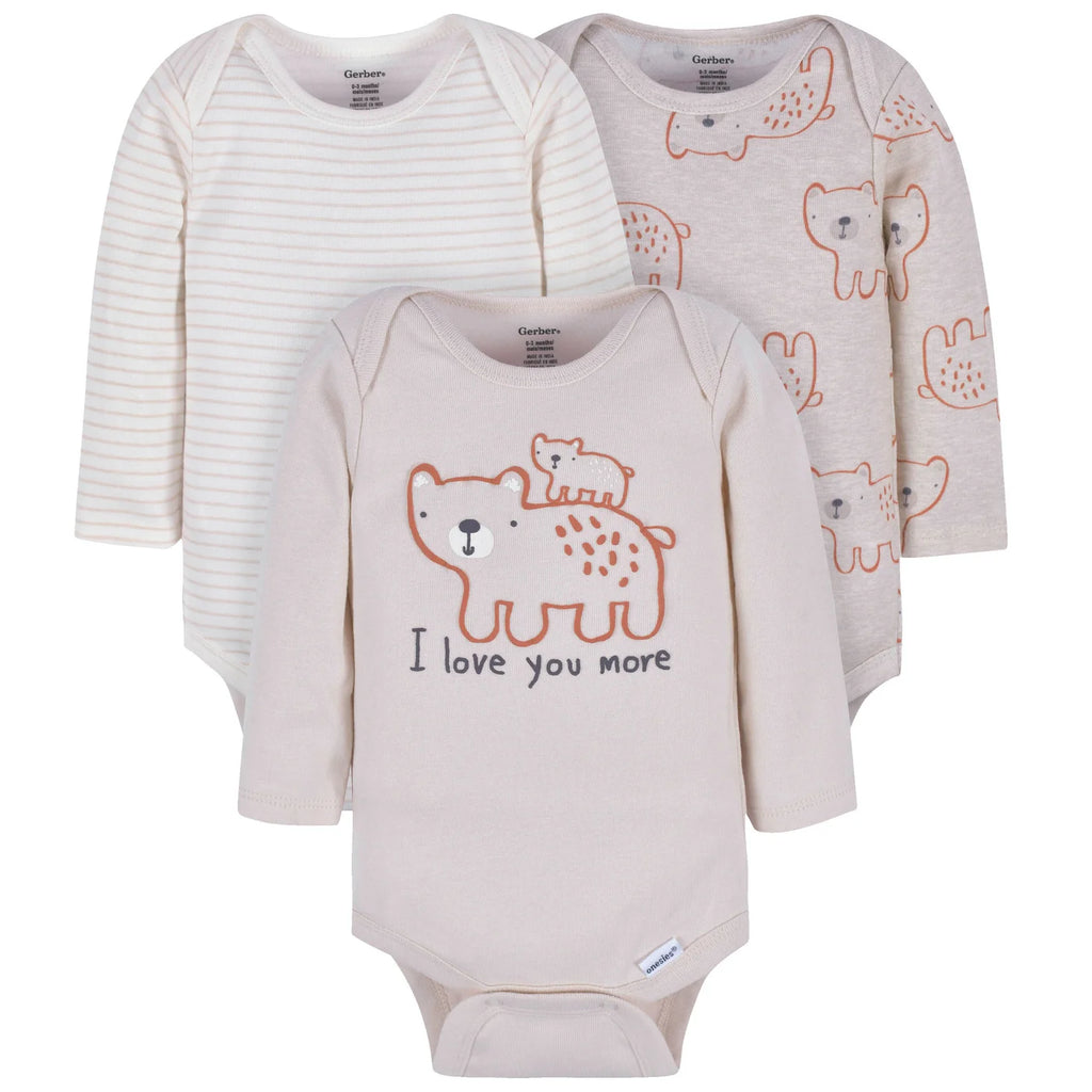 Gerber Long sleeve Onesies Bodysuit 3 Pack - Neutral Bears