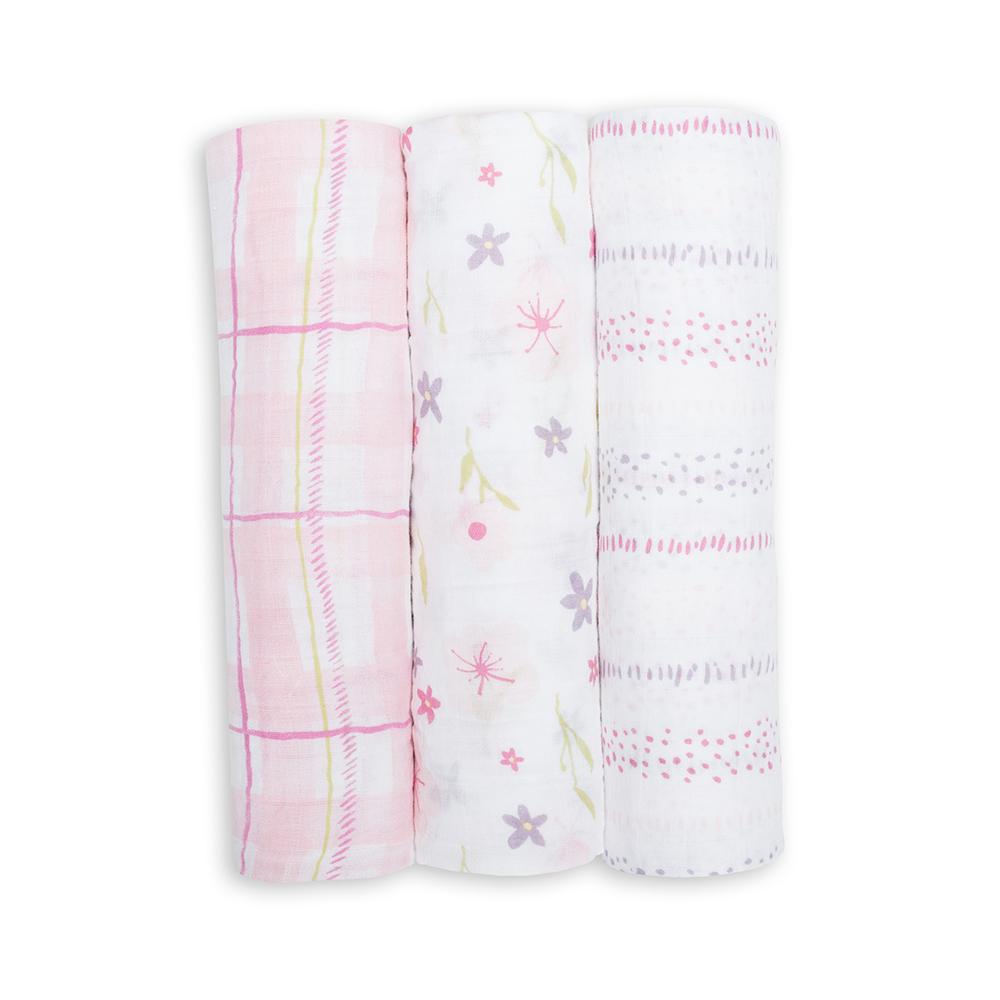 Lulujo Swaddling Blanket Muslin Cotton Pink Floral 3pk