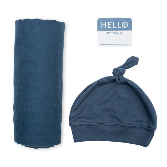 Lulujo Swaddling Blanket & Matching Knotted Hat - Navy (LJ647)