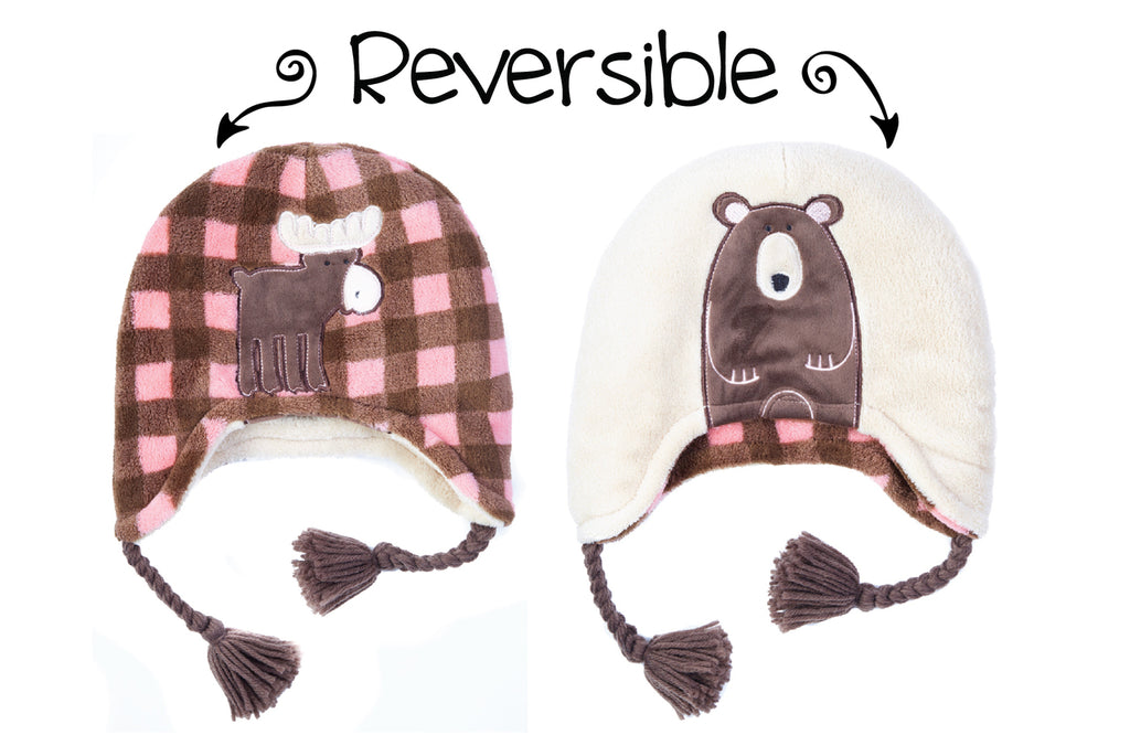 Flapjack Reversible Winter Hat - Pink Moose/Brown Bear (LUV0224L)