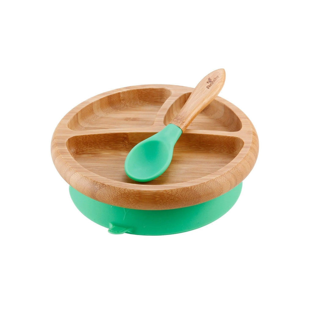 Avanchy Bamboo Baby Suction Plate + Spoon - Green
