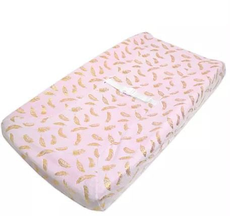 Heavenly Soft Chenille Changing Pad Cover -  Pink/Gold Feather