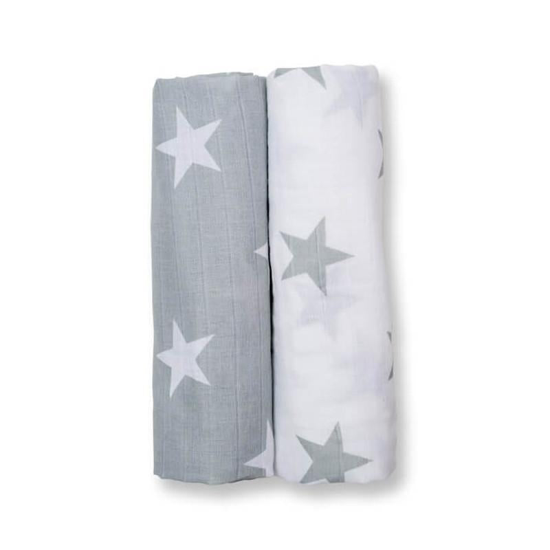 Lulujo Cotton Swaddling Blanket Modern Me 2pk - Grey Stars - CanaBee Baby