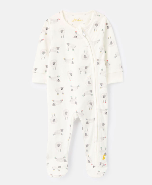 Joules Zip Babygrow Organically Grown Cotton First Size - White Sheep